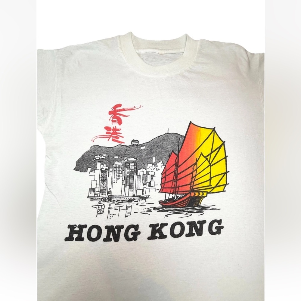Vintage 80s Hong Kong Harbor T Shirt Large White Single‎ Stitch